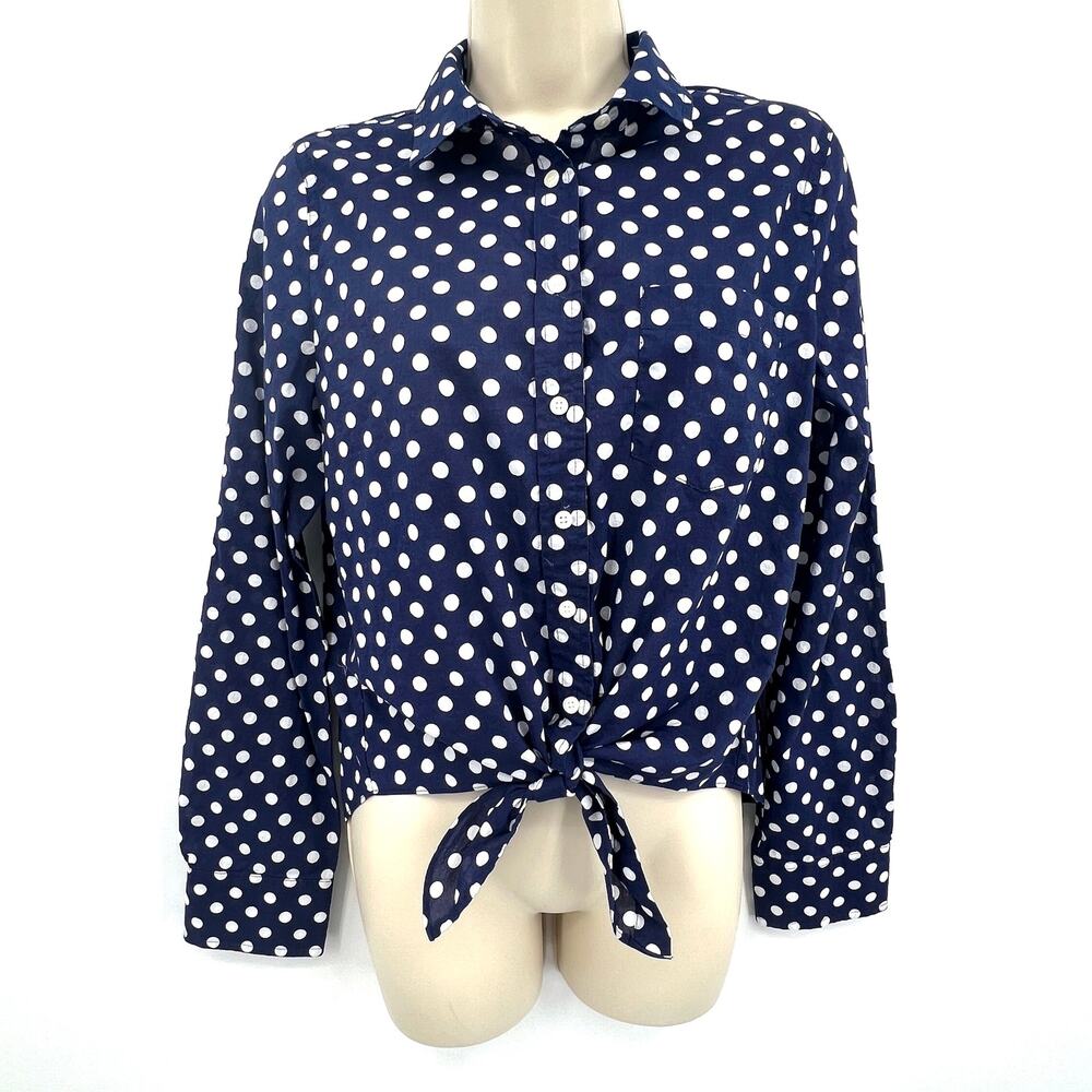 J.Crew Factory Top Women's M 100% Cotton Tie-Front Blue & White Polka Dots NWOT‎